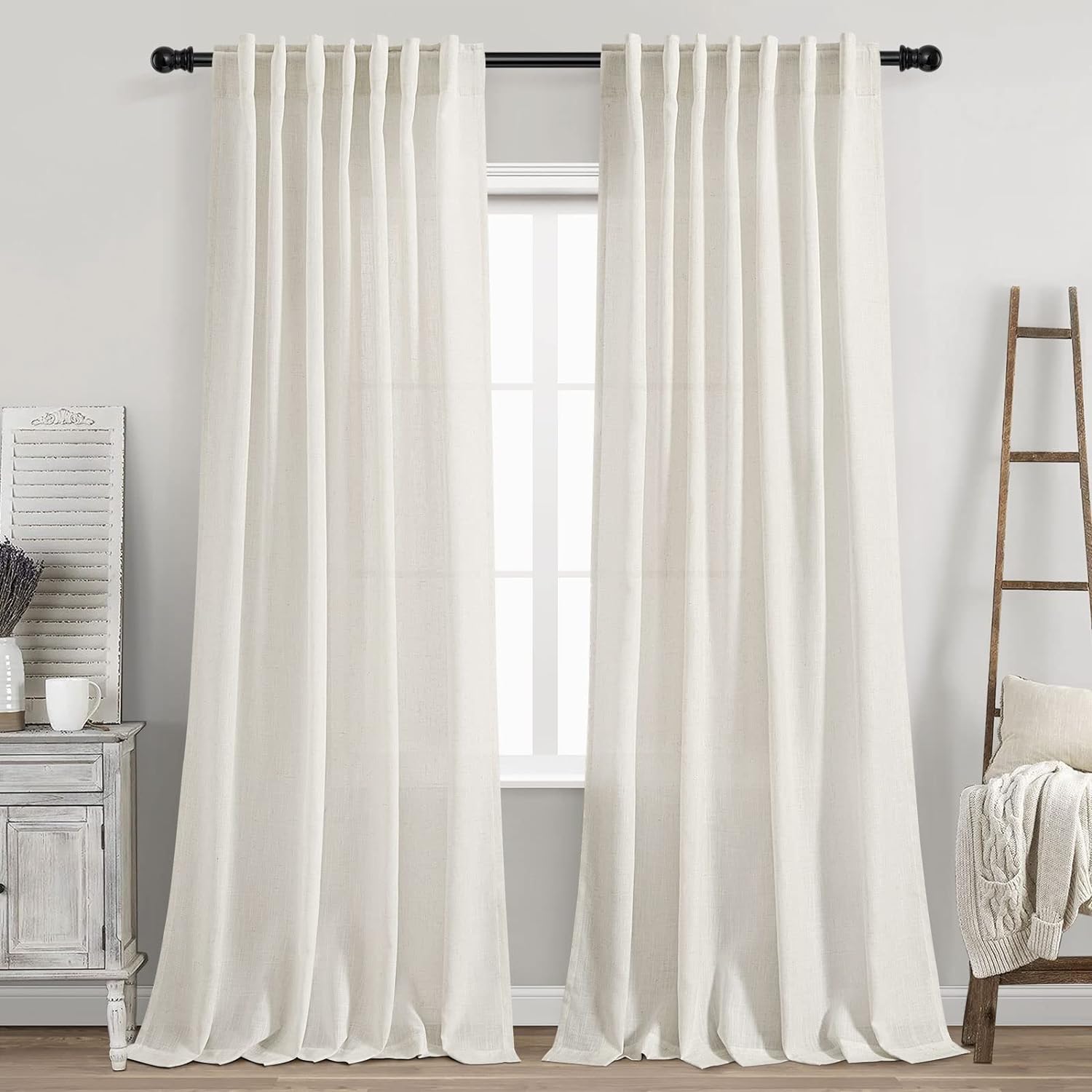 Cream Natural Linen Curtains 90 Inch Length 2 Panels Set for Living Room Rod Poc...