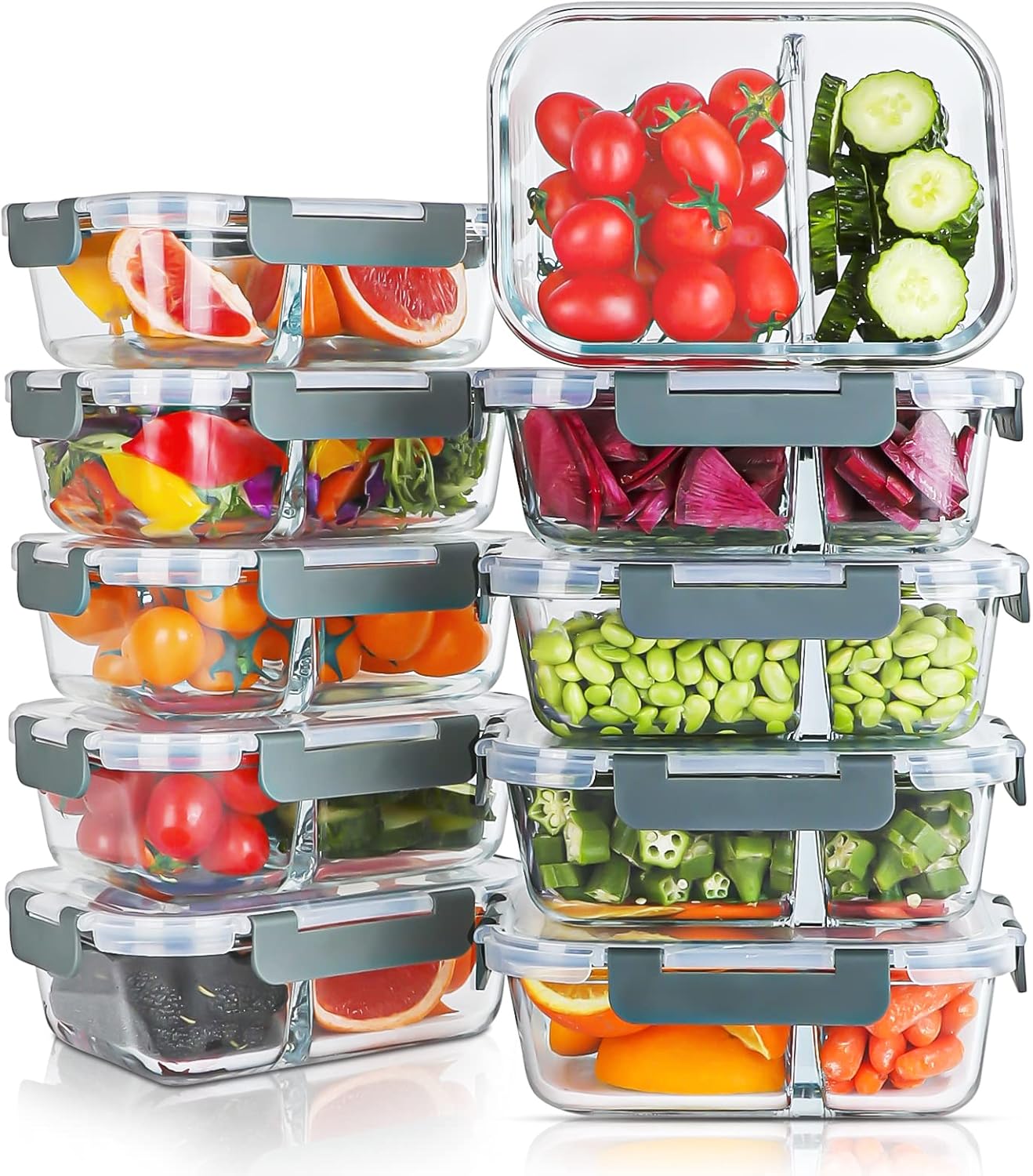 KOMUEE 10 Packs 30oz Glass Meal Prep Containers 2 Compartments,Glass Food Storag...