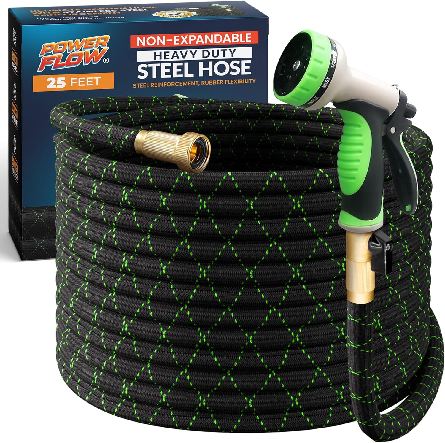 PowerFlow Garden Hose, NON-EXPANDABLE 25 Feet Premium Quality Stainless Steel Me...