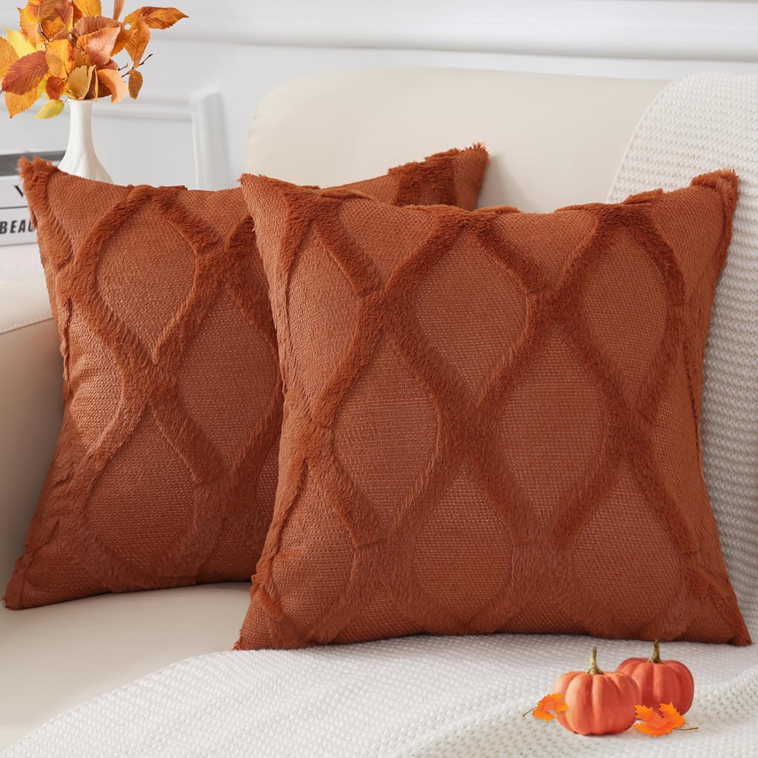decorUhome Fall Decorative Throw Pillow Covers 18x18 Set of 2, Soft Plush Faux F...