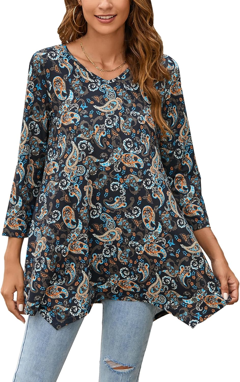 Enmain Womens Tunic Tops Long - Ladies V Neck 3/4 Sleeve Top Casual Pattern/Soli...
