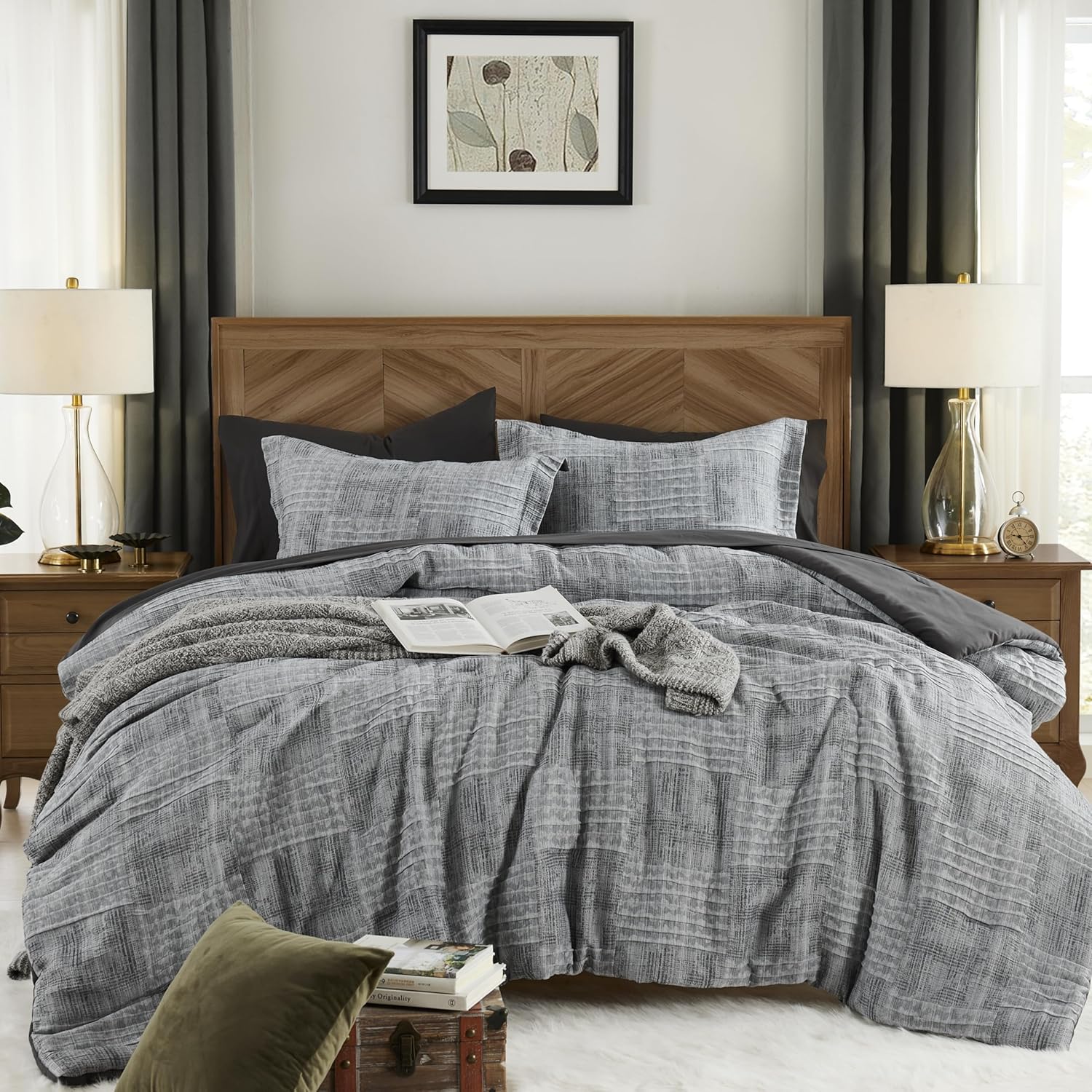 MaiRêve Charcoal Grey King Comforter Set, Textured Design Grey Crinkle Bed in A...