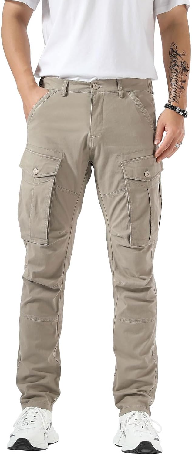 Plaid&Plain Men's Cargo Pants Slim Fit with Articulated Knees Taupe 28W x 28L