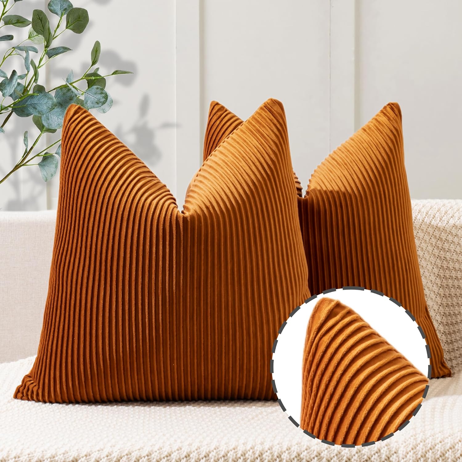 YCOLL Burnt Orange Pillow Covers 24x24 Set of 2 Velvet Striped Pattern - Soft Th...