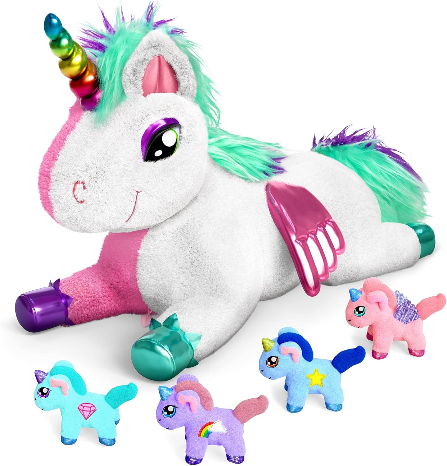 MindSprout Unicorn Mommy Stuffed with 4 Babies Inside her Tummy, for Girls 3 4 5...