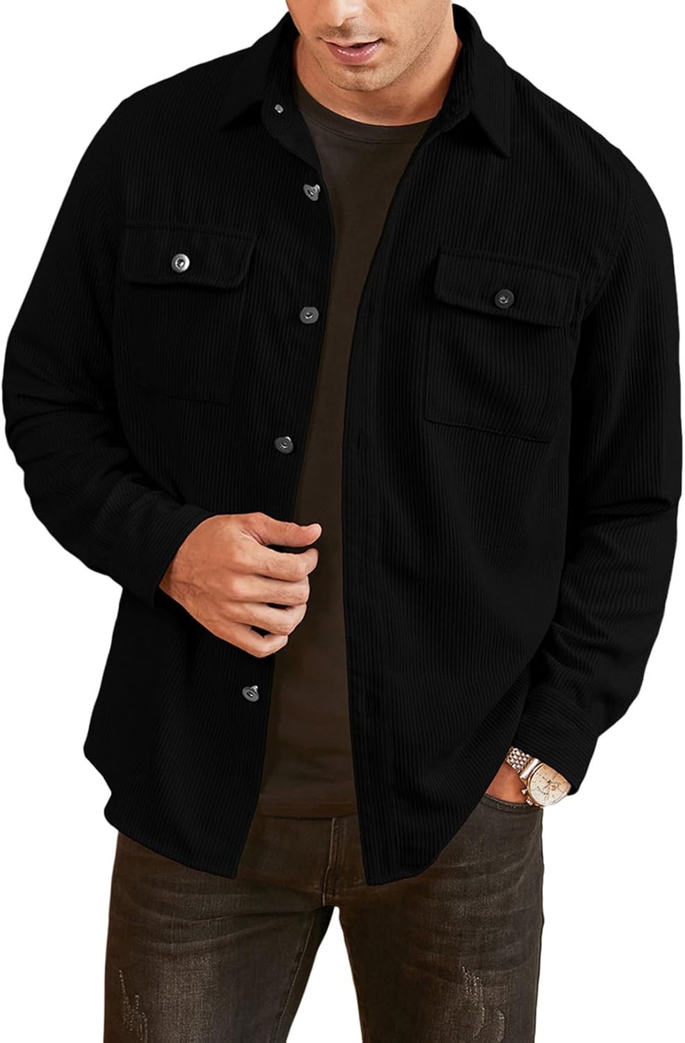 Elegancity Men's Corduroy Shirts Casual Long Sleeve Button Down Trucker Jacket A...