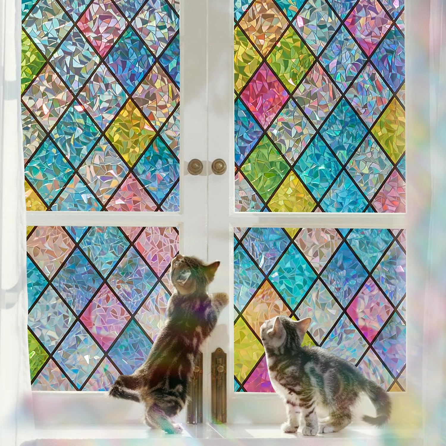 SUNBABY Stained Glass Window Film: Rainbow Holographic Window Privacy Film Decor...