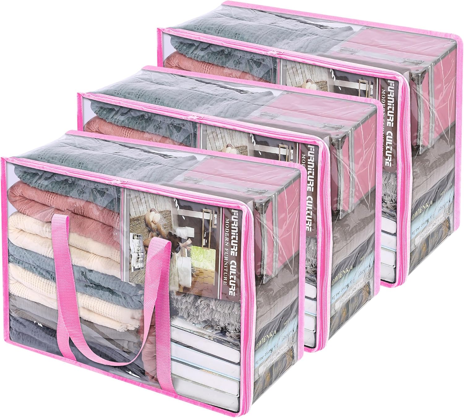 Vieshful Clear Clothes Storage Bag Organizer with Pink Reinforced Handle, 18.1 X...
