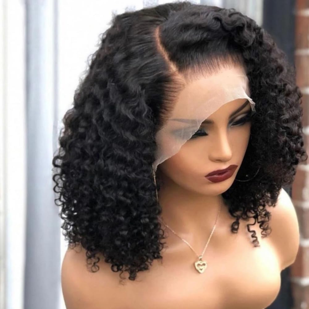 Curly Bob Wig, Unique Human Hair for Black Women, Special 14 Inch Glueless 13x4...