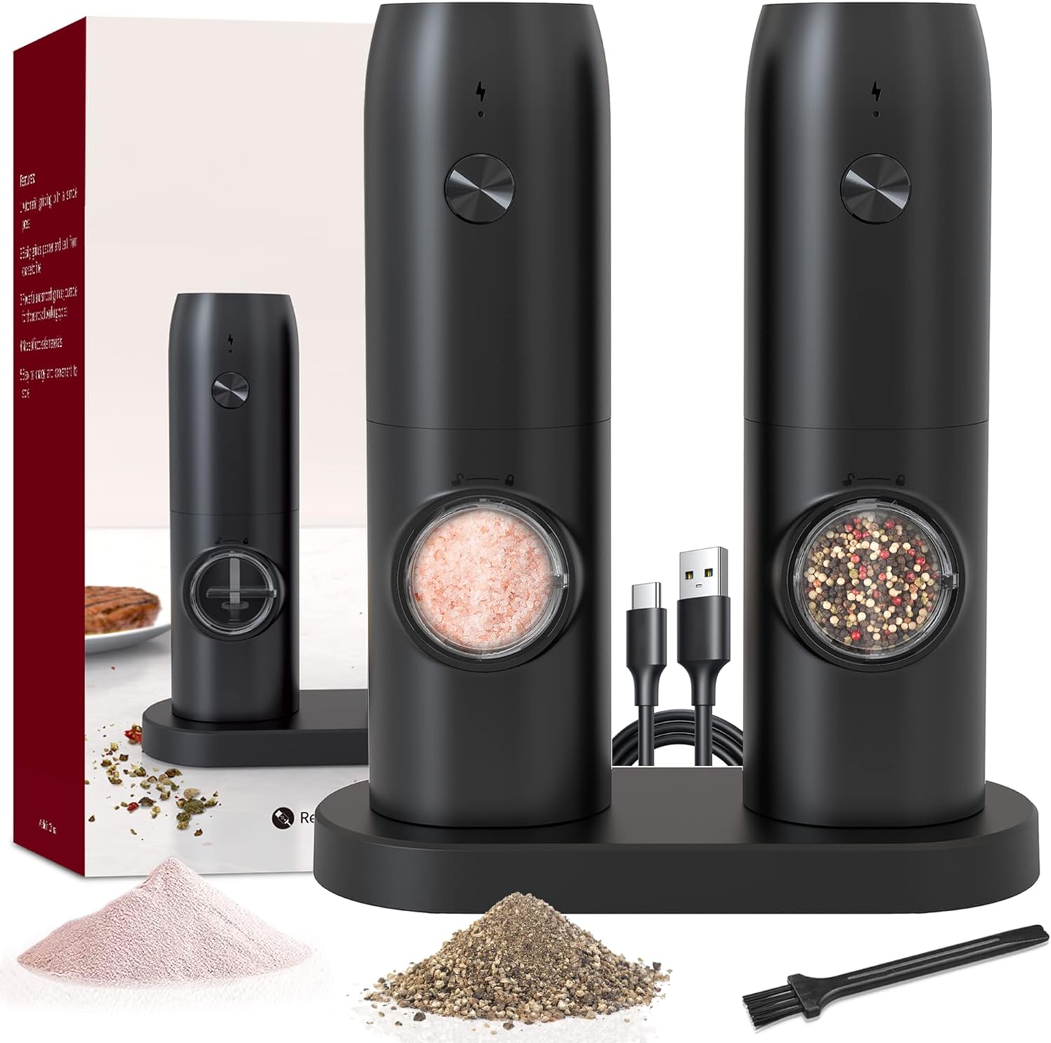 Electric Salt and Pepper Grinder Set of 2, Automatic Pepper Mill,USB Rechargeabl...