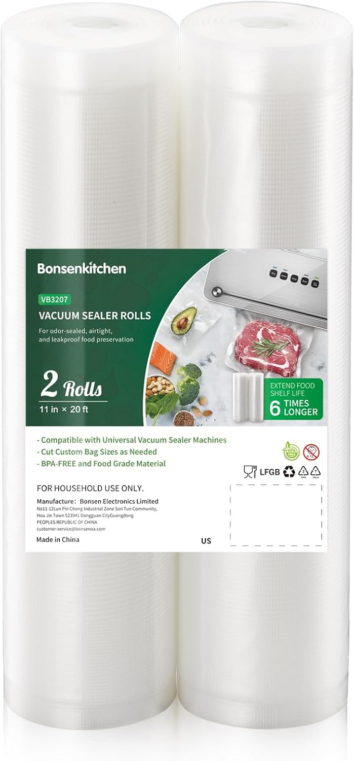 Bonsenkitchen Vacuum Food Sealer Rolls Bags, 2 Packs 11 in x 20 ft Storage Bags,...