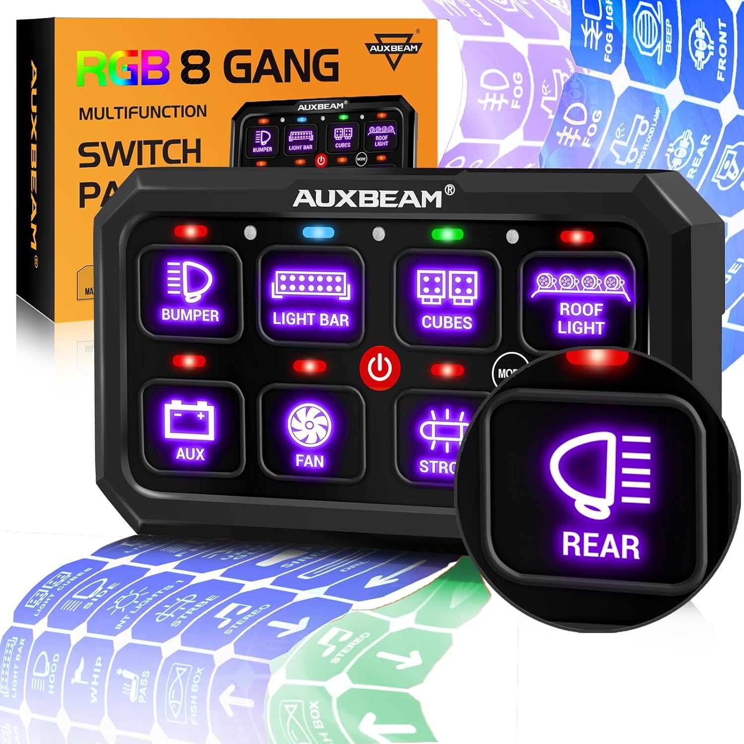 Auxbeam 8 Gang Switch Panel RB80 XL 5 Inch RGB Switch Pod Toggle Momentary Pulse...