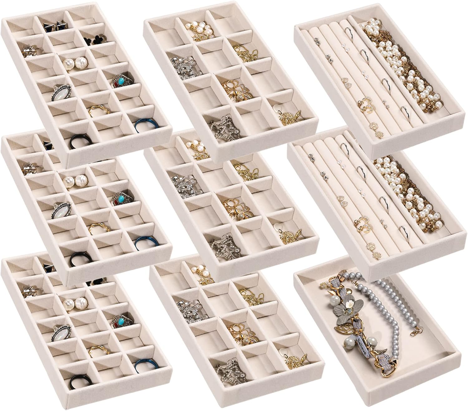 Frebeauty Jewelry Organizer Tray,Stackable Velvet Jewelry Trays,Drawer Inserts E...