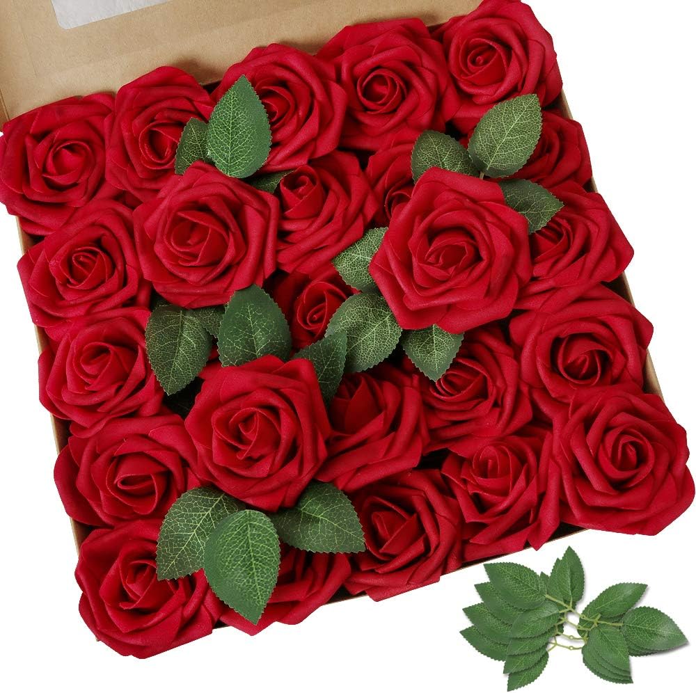 AmyHomie Artificial Flowers, Unique Dark Red Rose Decor, Realistic Fake Roses wi...
