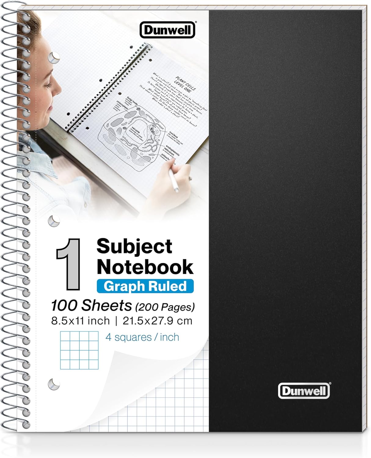 Dunwell Graph Paper Notebook 8.5 x 11 (Black) Plastic Cover, 100 Sheets, 1 Subje...