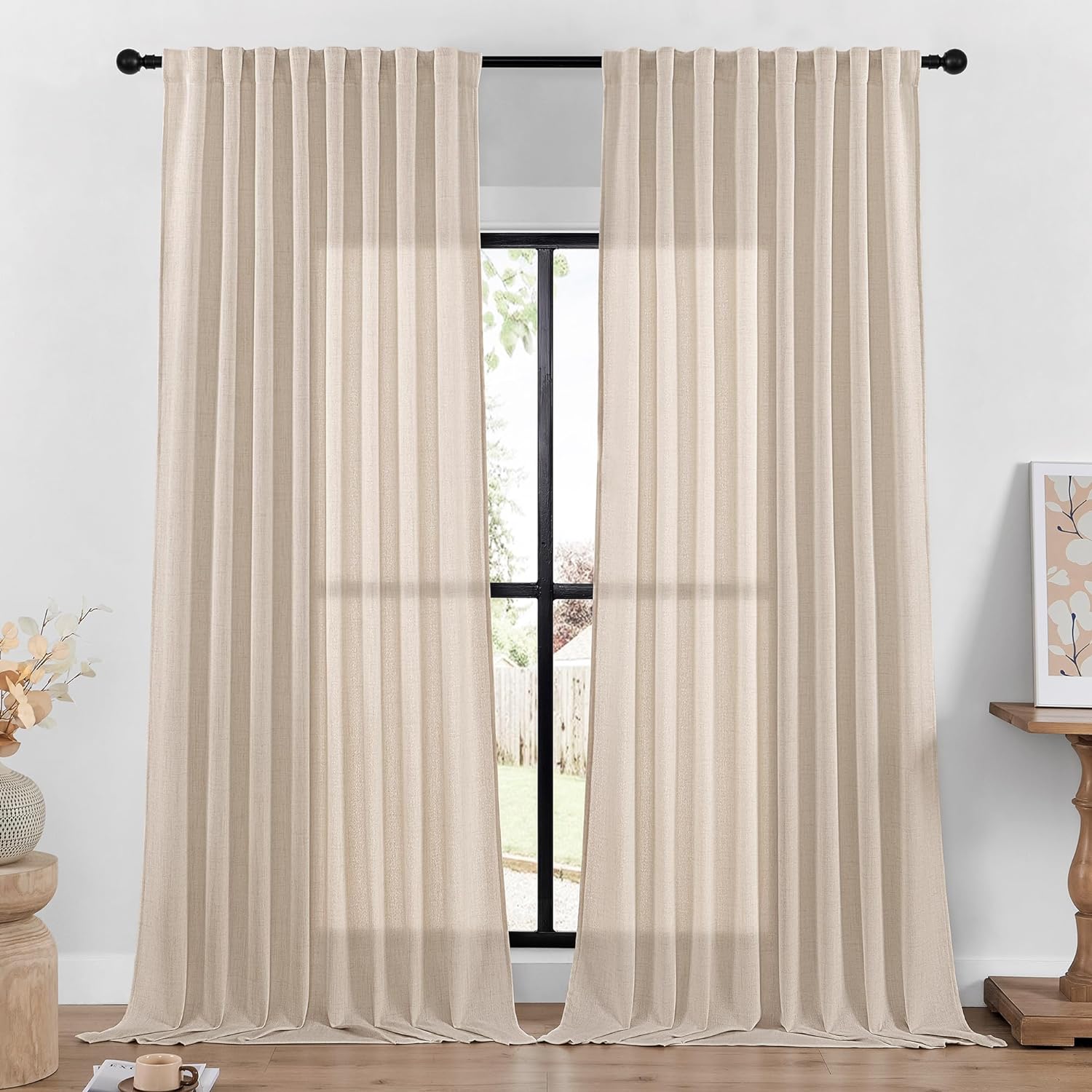 DaysU Oatmeal 98 Inch Long Linen Bedroom Curtains 2 Panel Sets for Living Room,...