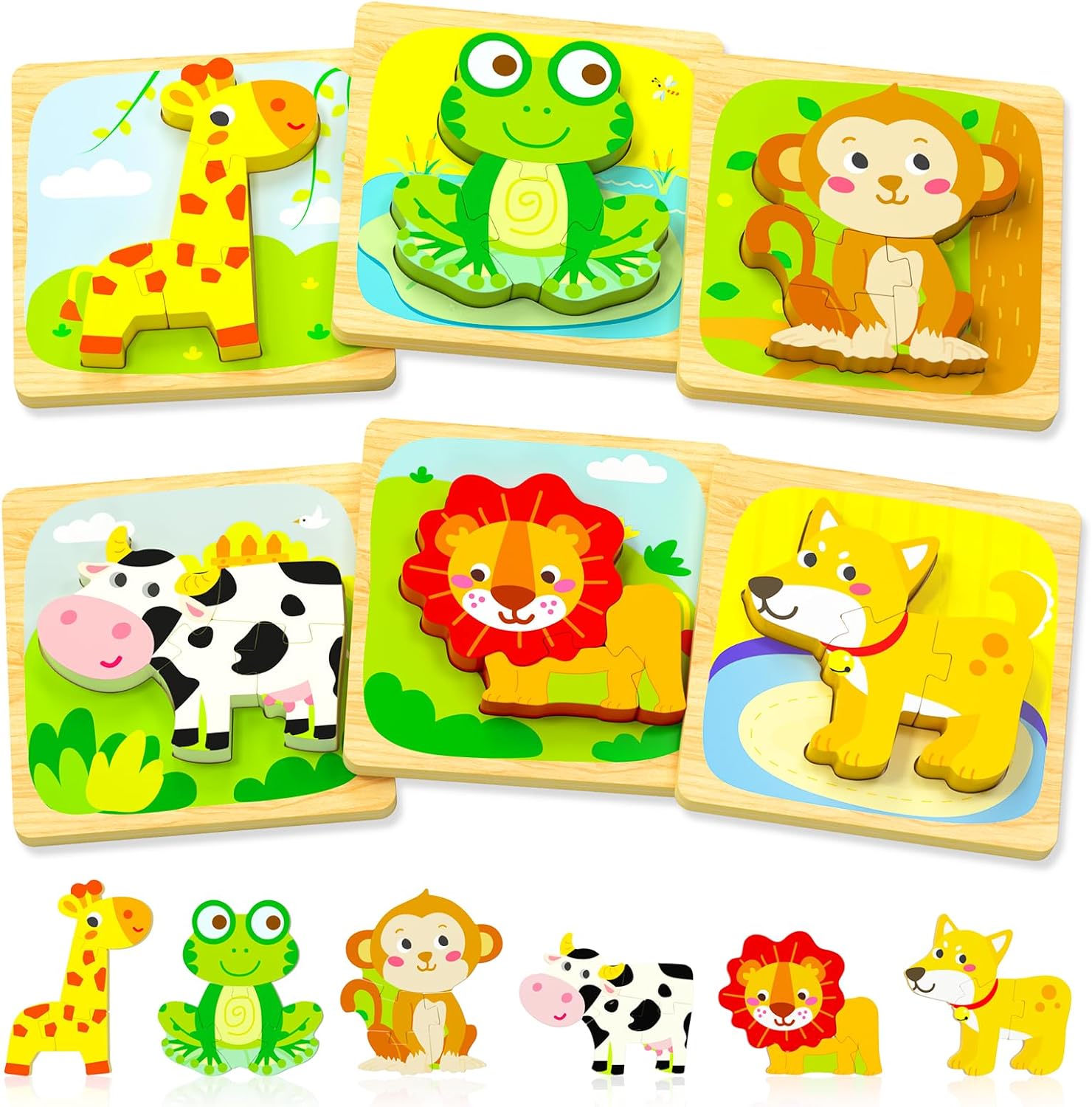 Benresive Wooden Toddler Puzzles, 6pcs Animal Montessori Toys for 1-3 Year Old B...