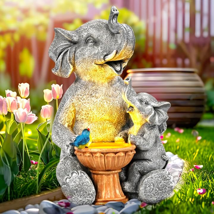 GIGALUMI Solar Garden Statues Loving Elephant Figurine Lights for Outdoor, Yard,...