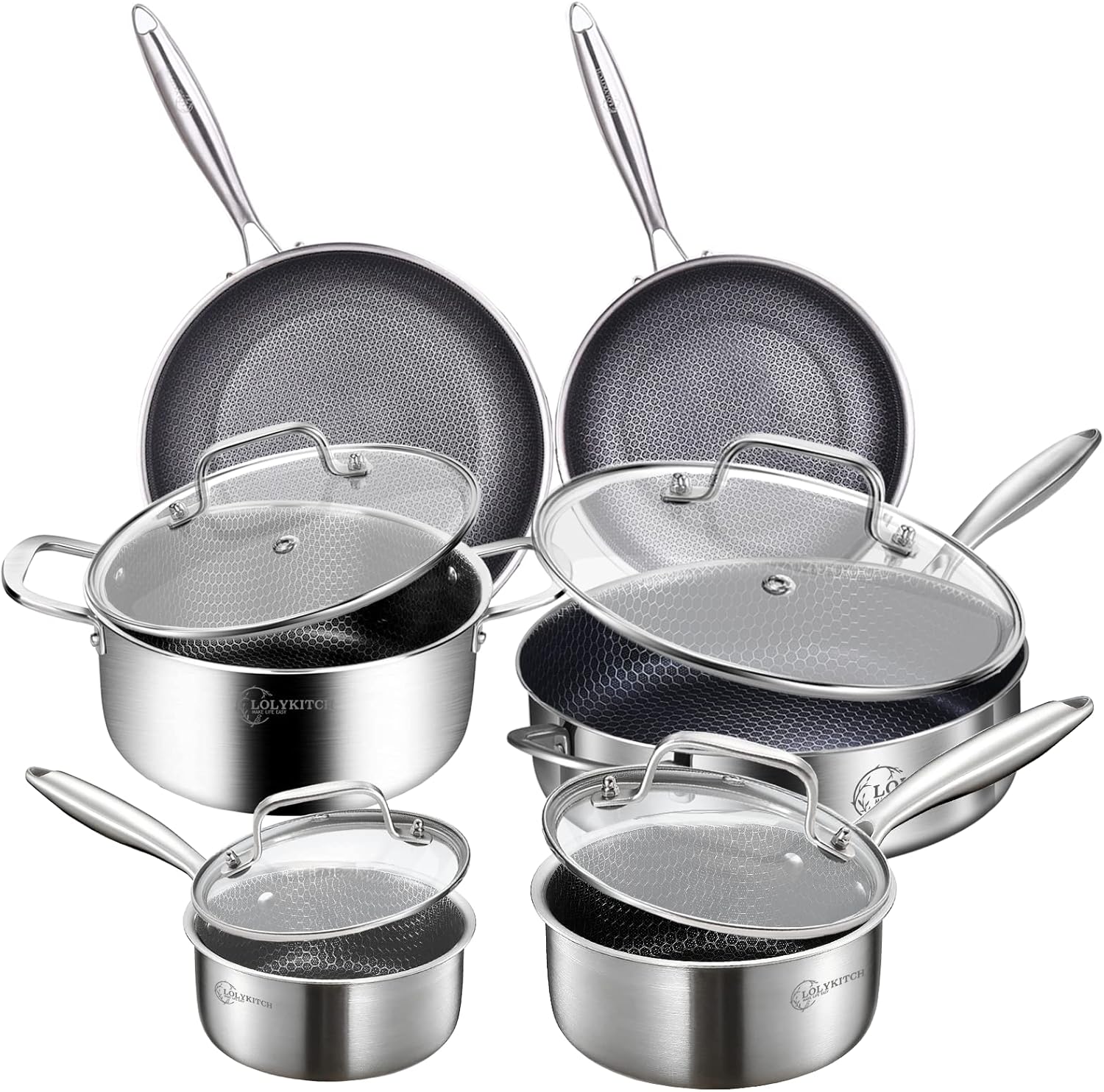10 Piece Kitchen Cookware Set,Hybrid Tri-ply Stainless Steel Pots and Pans Set,I...