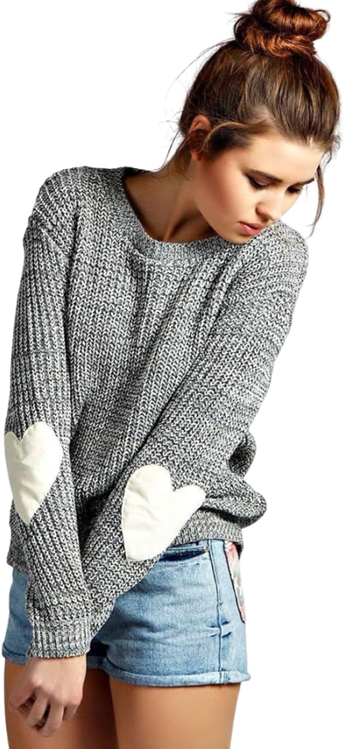 Shermie Women's Knitted Sweater, Special Heart Pattern Sweater with Elbow Patchw...