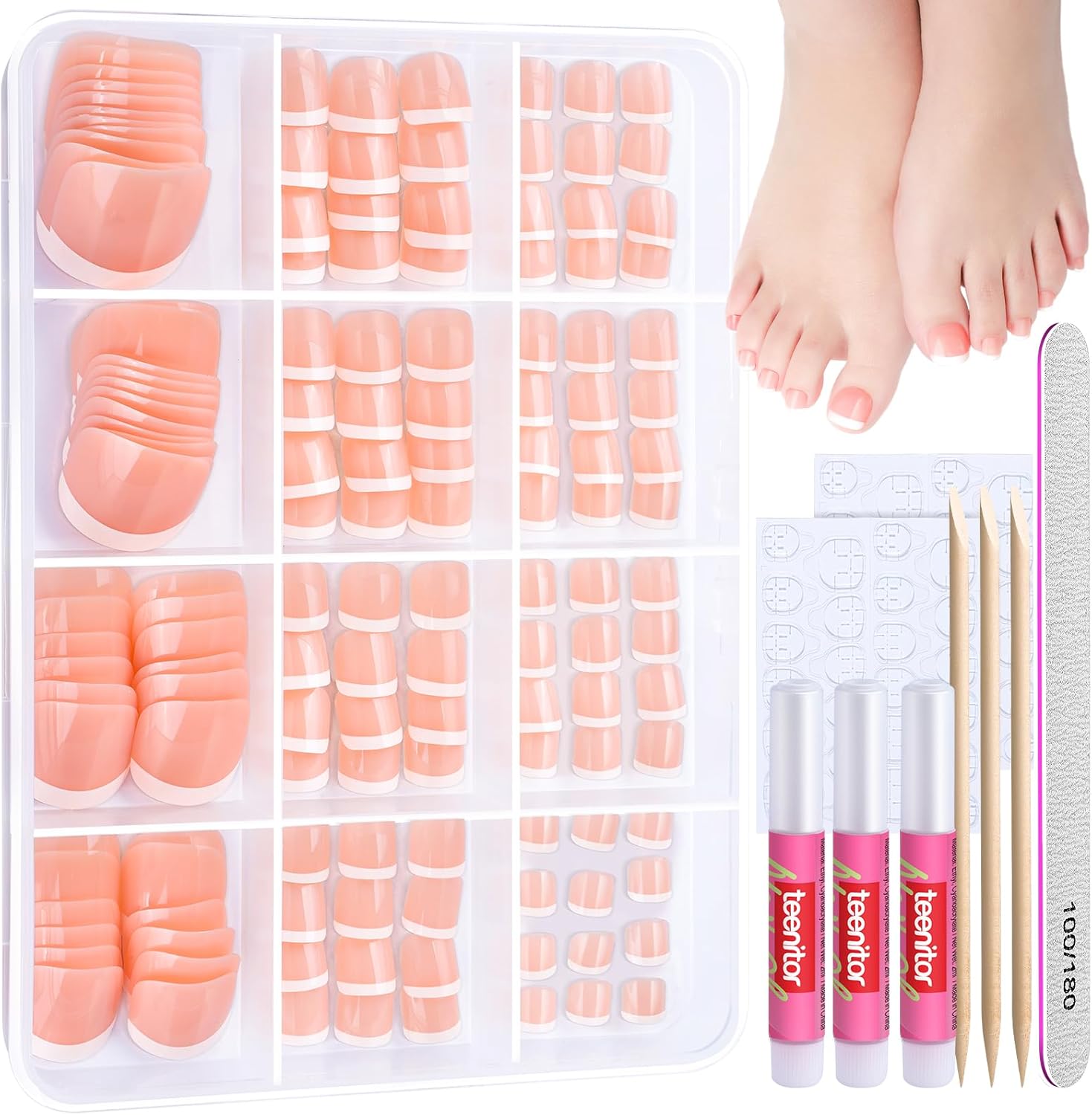 Teenitor 144pcs French Tip Press on Toenails with Nail Glue Set, 6 Sets Toe Nail...