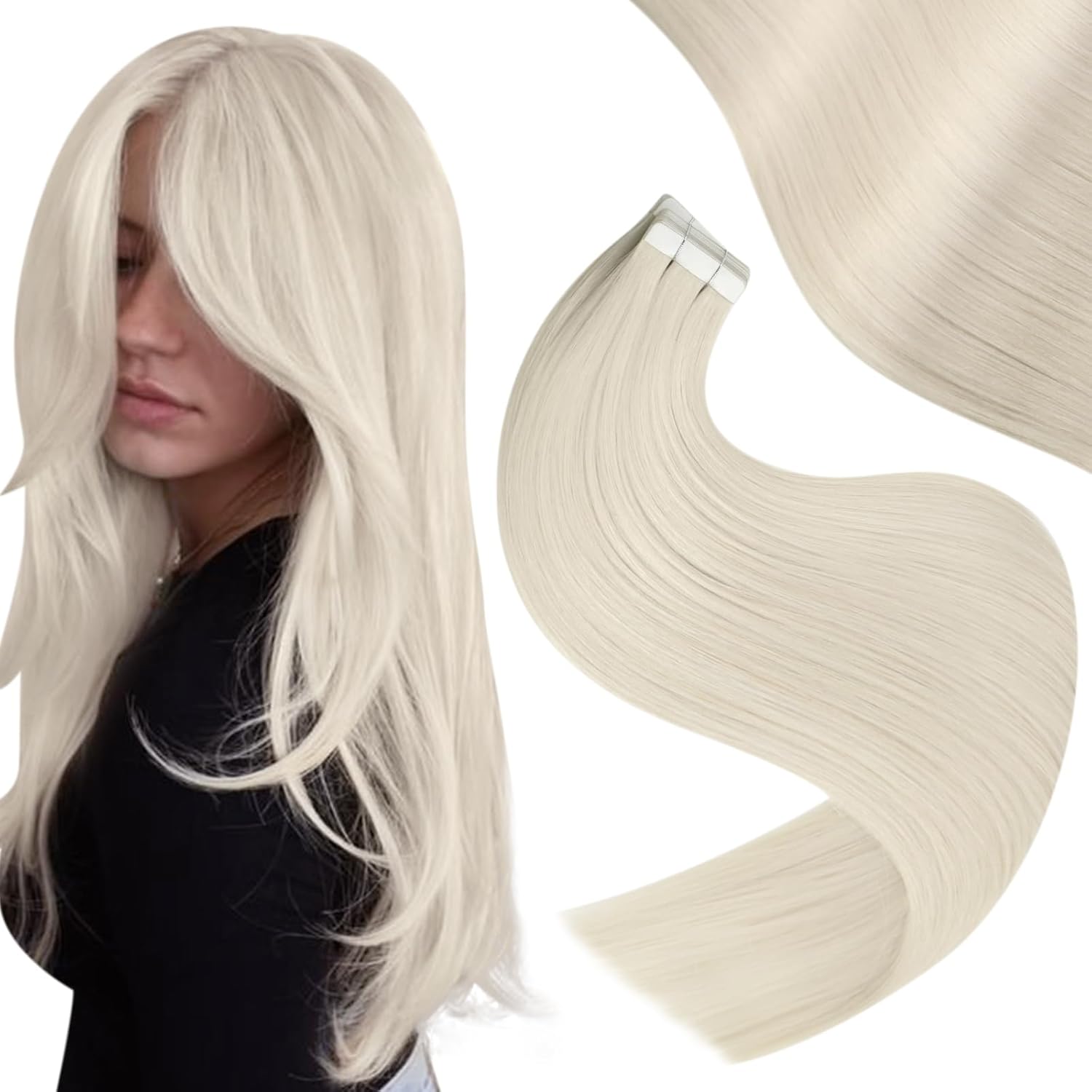 Easyouth Blonde Tape in Hair Extensions Human Hair White Blonde Glue in Hair Ext...