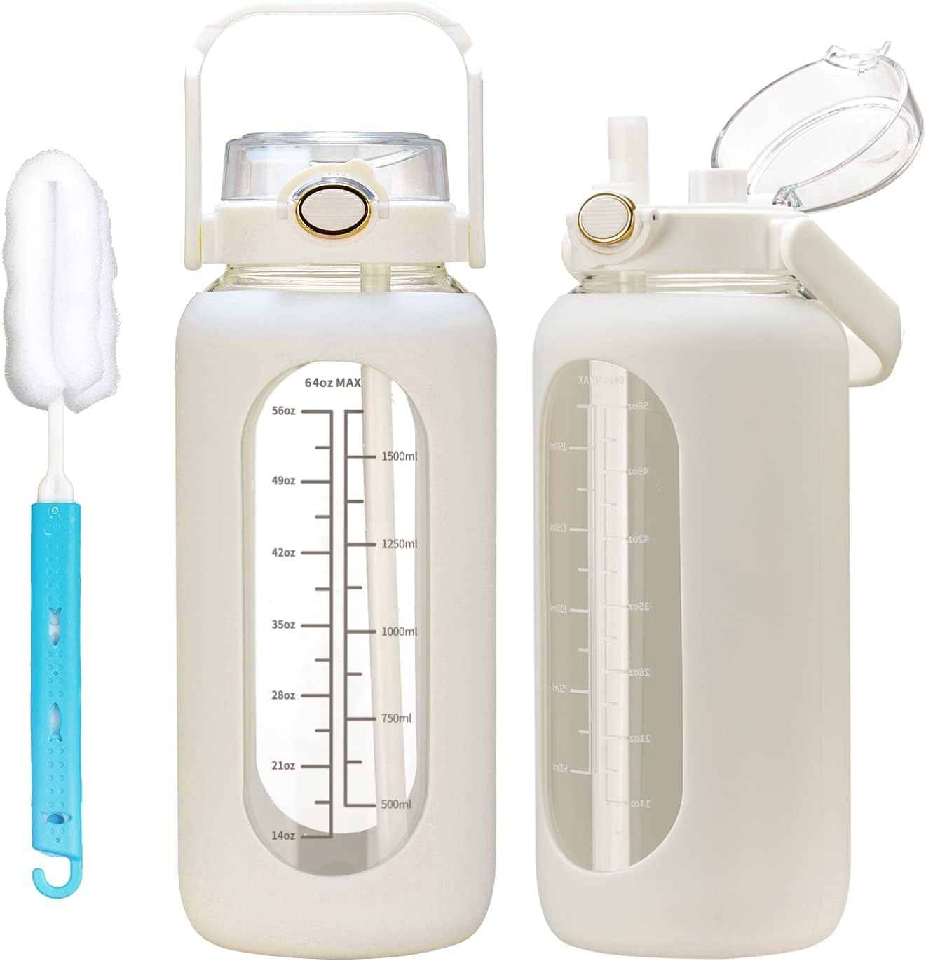 64oz Glass Water Bolttles with Straw Half Gallon Large Motivational Water Bottle...