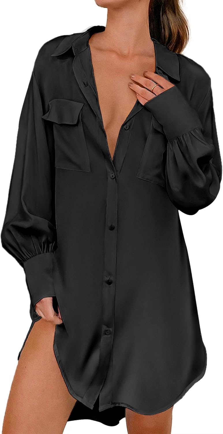Ekouaer Women Satin Sleep Shirt, High-Quality Long Sleeve Nightgown, Unique Butt...