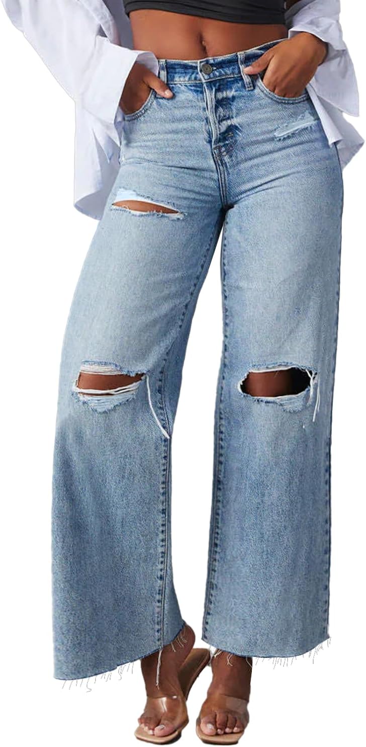 Allimy Women's High Waisted Straight Ankle Wide Leg Ripped Jeans Frayed Hem Stre...