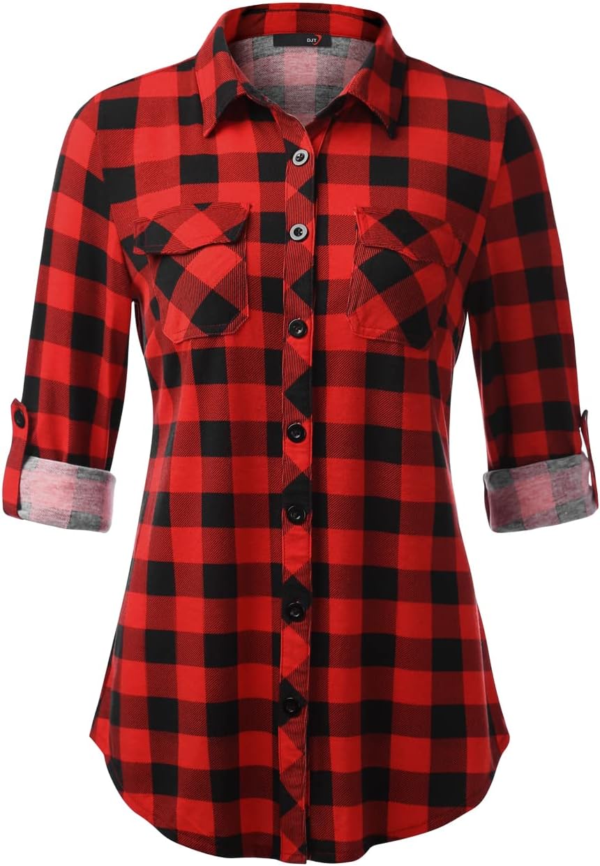 DJT Womens Soft Stretchy Knit Plaid Shirts Roll Up Long Sleeve Collared Button D...