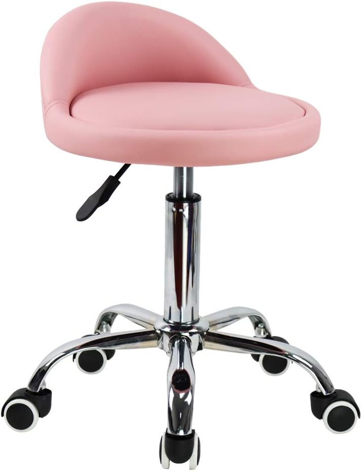 KKTONER PU Leather Round Rolling Stool with Back Rest Height Adjustable Swivel D...