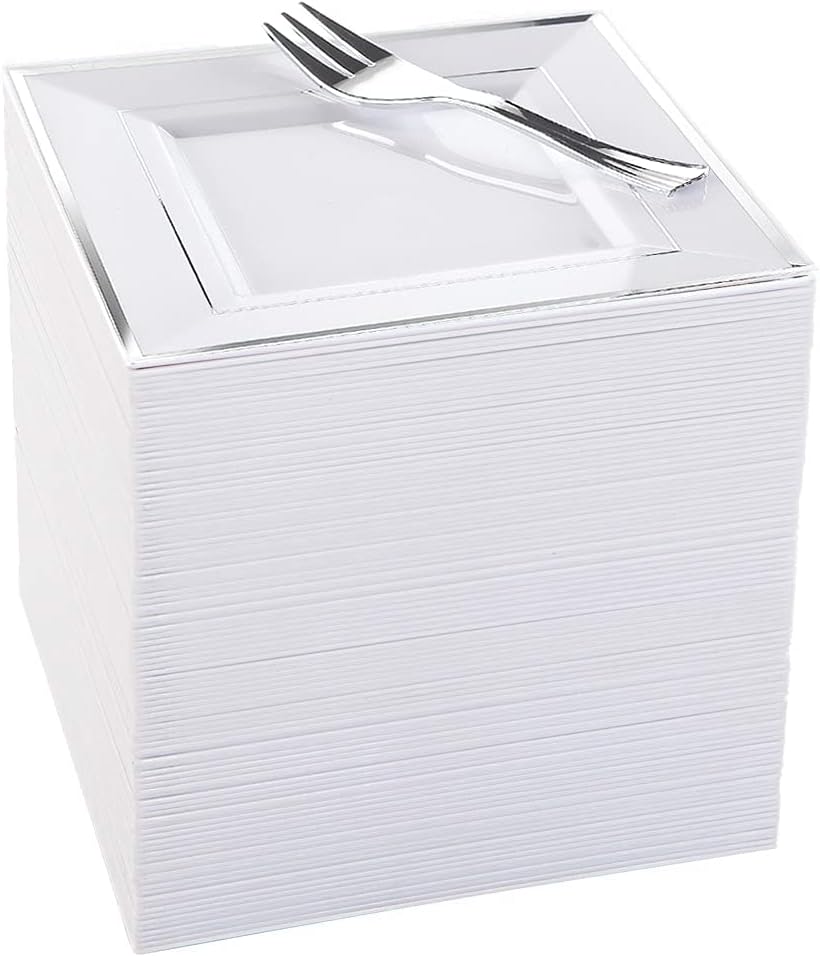 WDF Silver Plastic Dessert Plates with Plastic Forks - 6” 100 Square Disposable...