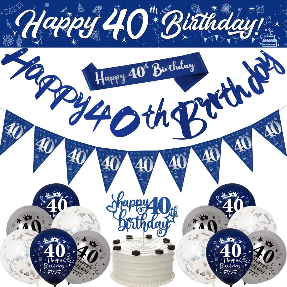 40th Birthday Decorations for Men,Navy Blue Silver 40th Birthday Banners, Happy...