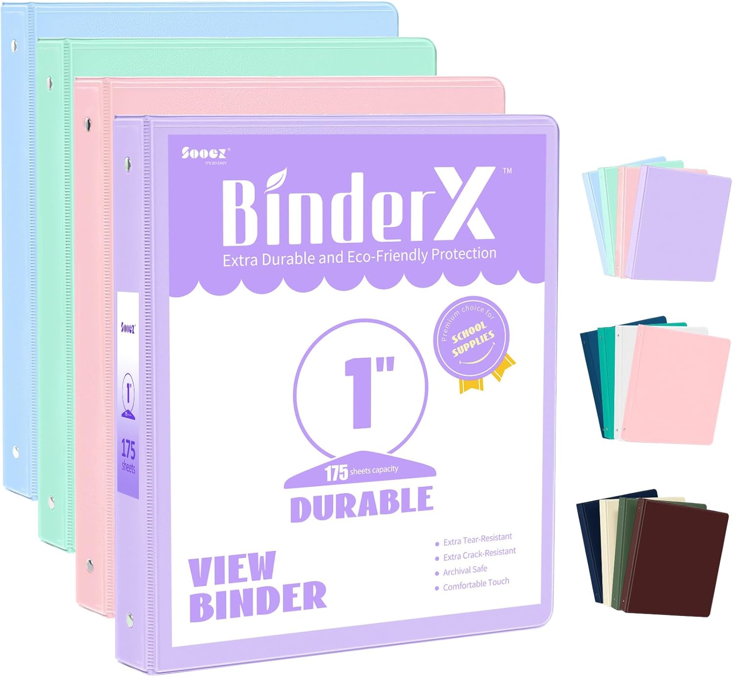 4 Pack Extra Durable 3 Ring Binders 1 Inch, Sooez 1” Three Ring Binder, Eco-Frie...