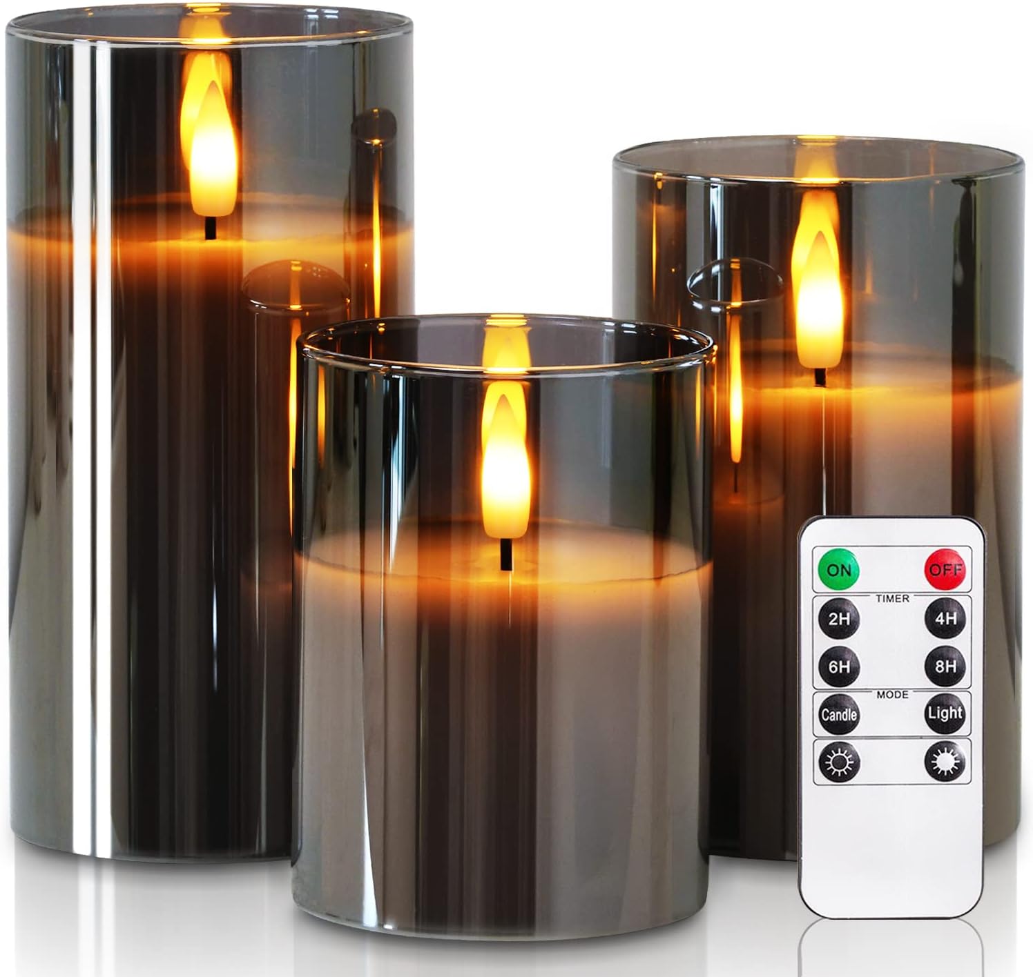 Homemory Grey Glass Flameless Candles, Battery Operated LED Pillar Candles with...