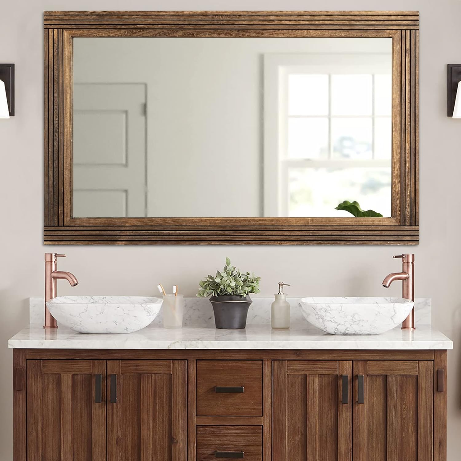YOSHOOT Hand-Made Wooden Spliced Wall Mirror, Unique Rustic Farmhouse Vanity Mir...