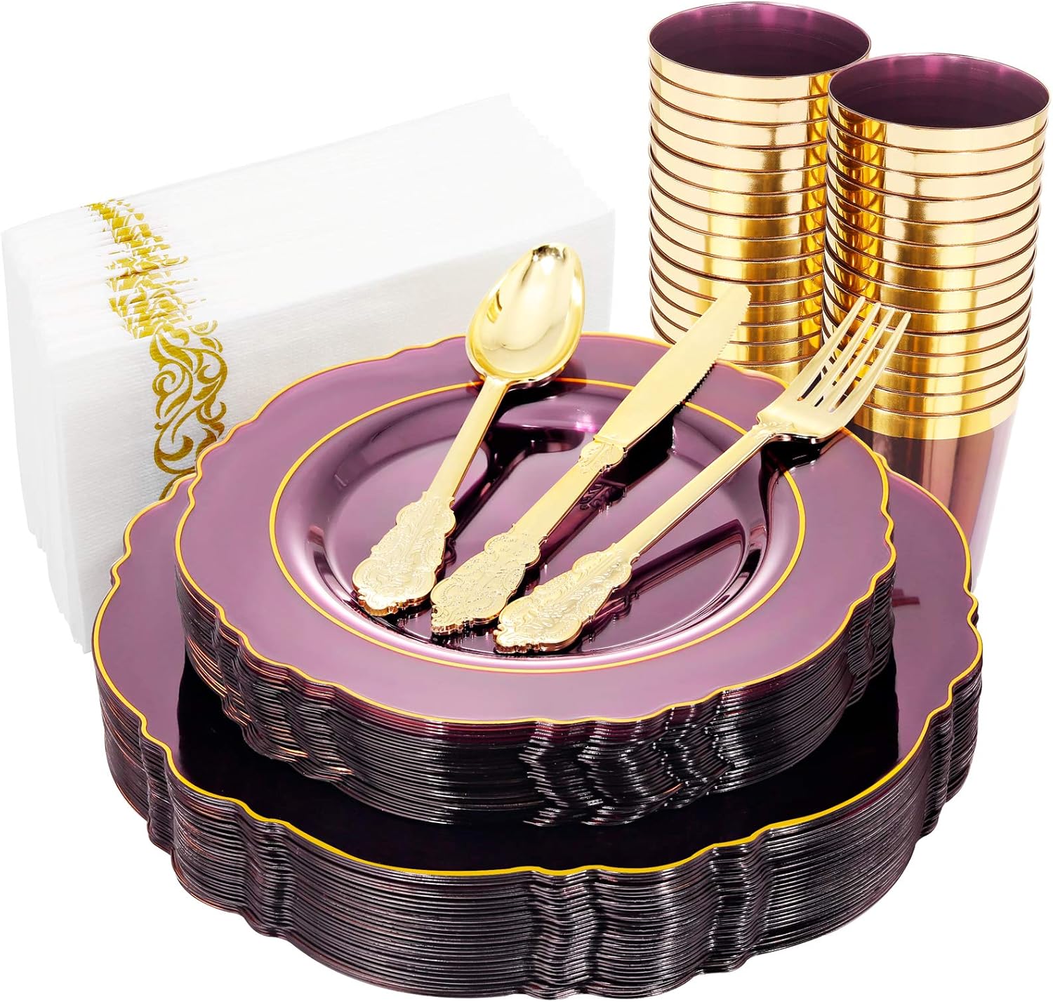 KIRE 210Pcs, Special Plastic Plates, Innovative Purple Plates with Gold Rim, Hig...