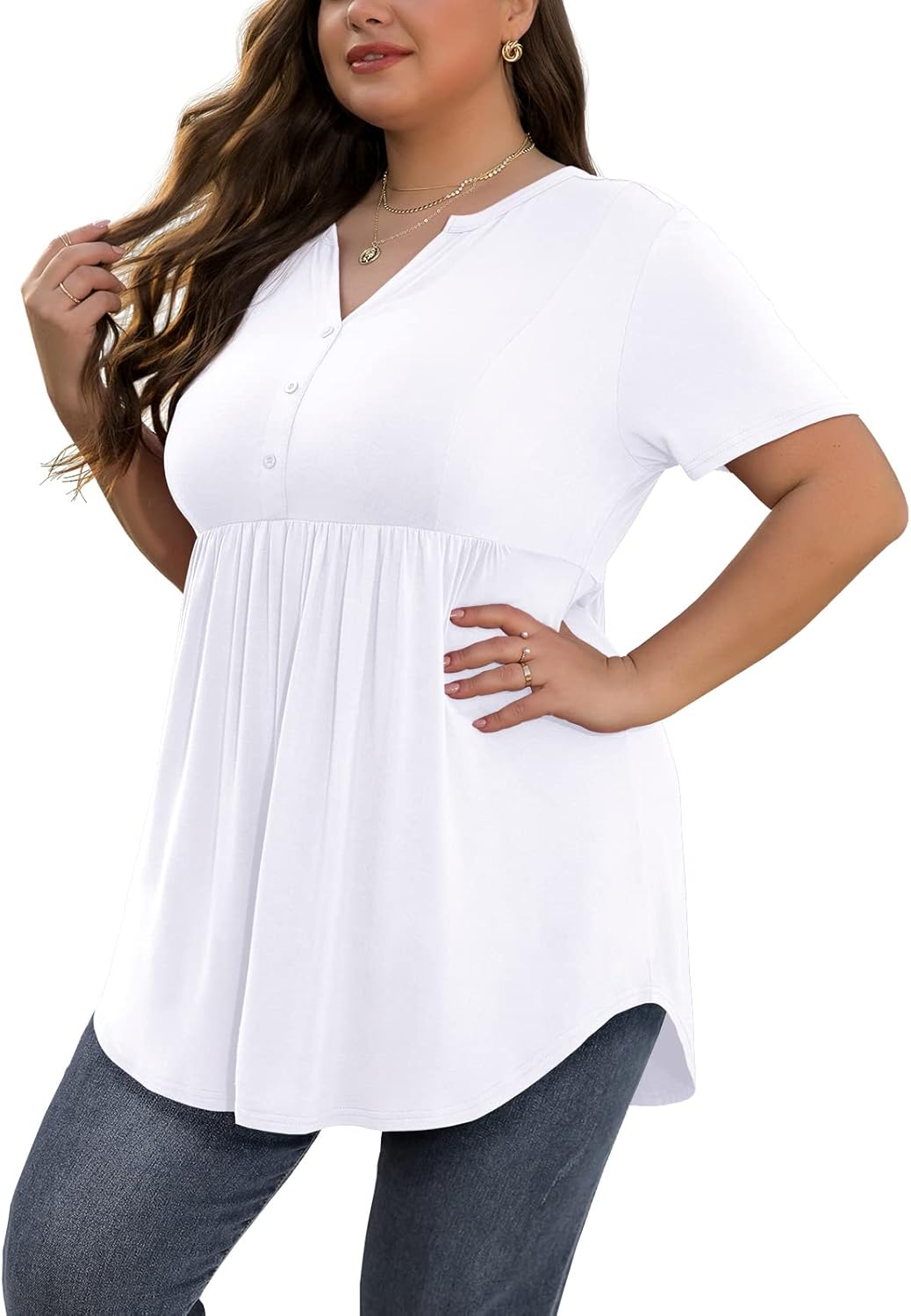 SHIJIALI Women's Plus Size Henley Shirts V Neck Button Tunic Tops Casual Short S...