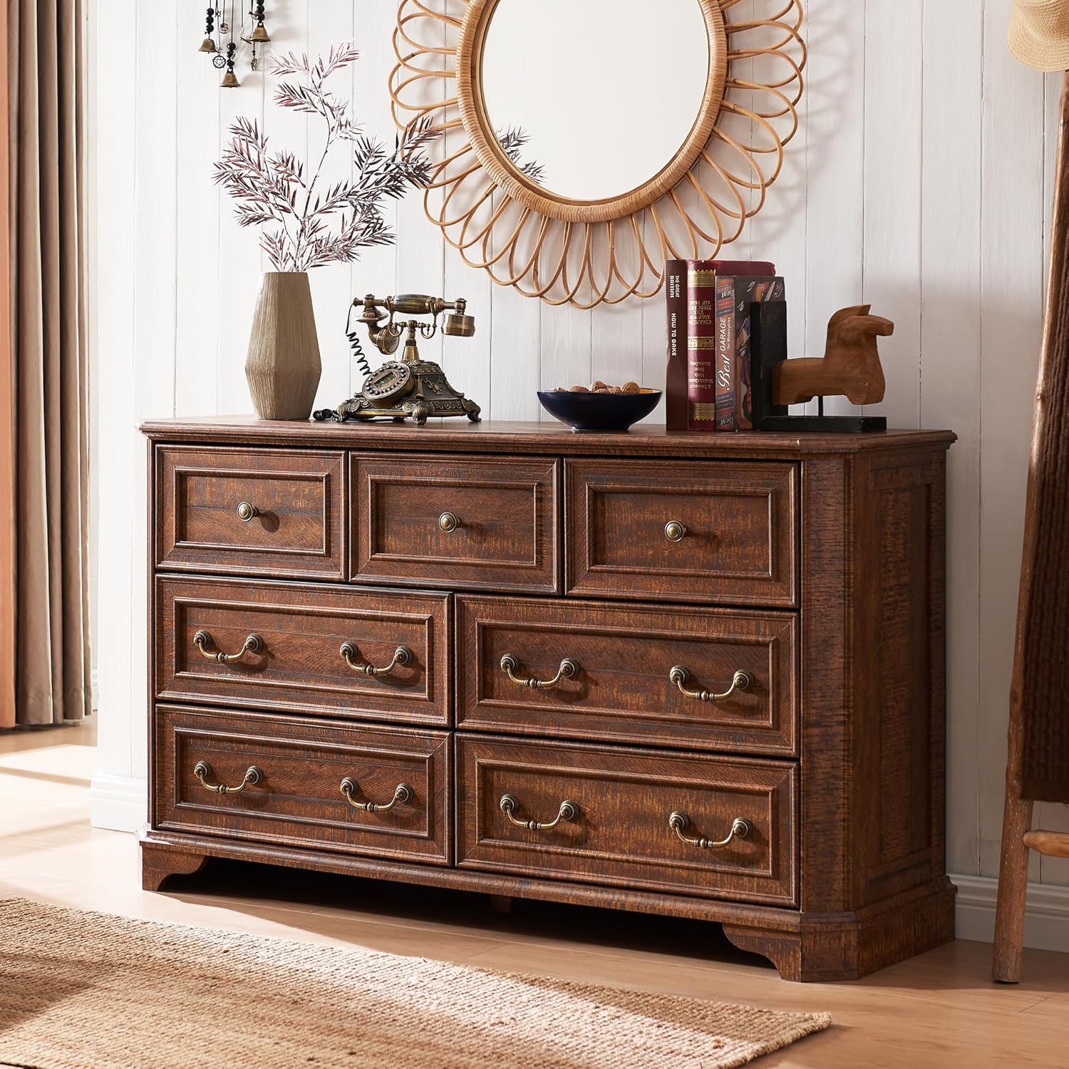 T4TREAM Farmhouse 7 Drawers Dresser for Bedroom, 54" Wide Wood Rustic Chest of D...