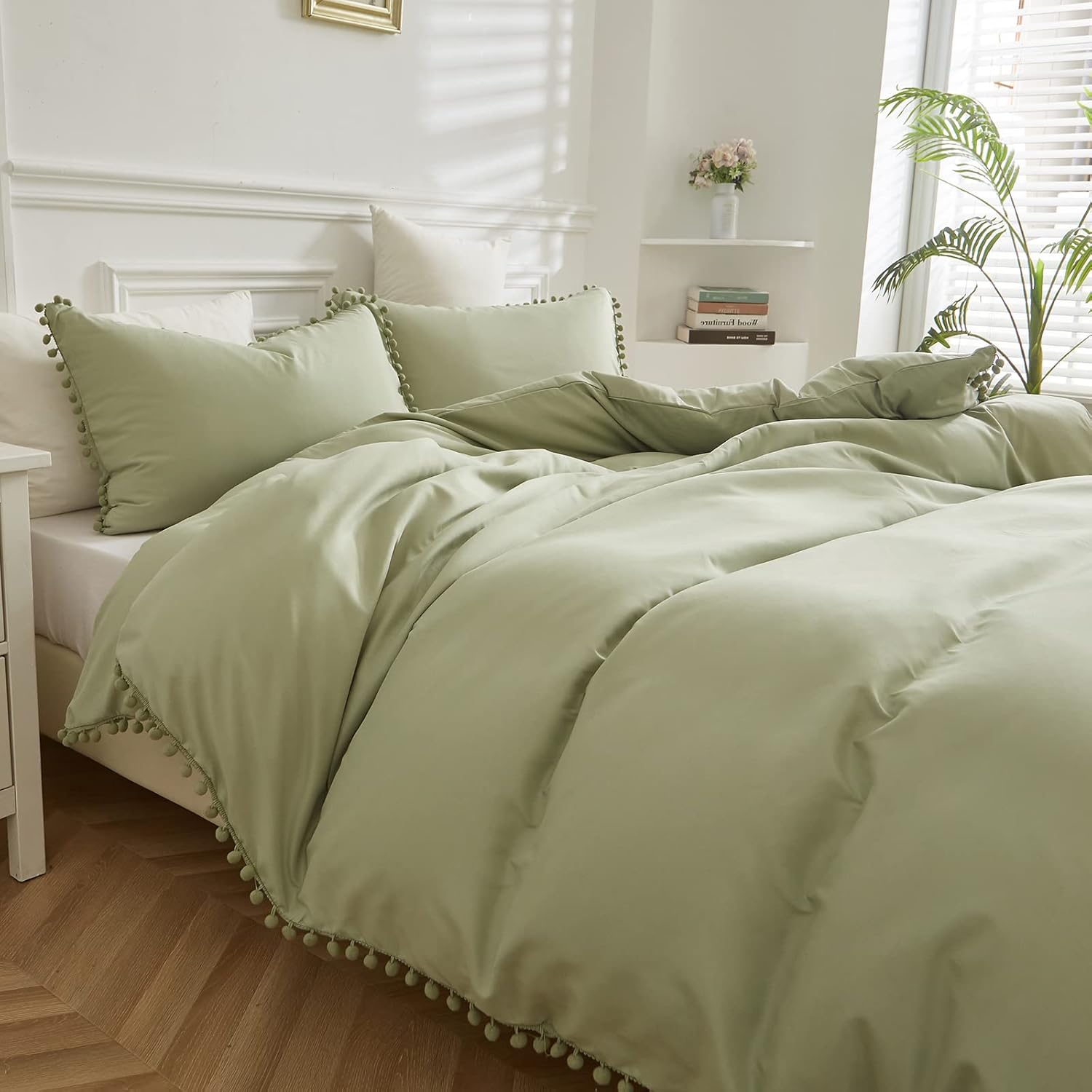 Green Duvet Cover King Size 3 Pcs Pom Pom Bedding Tassels Quilt Cover, Soft Cozy...