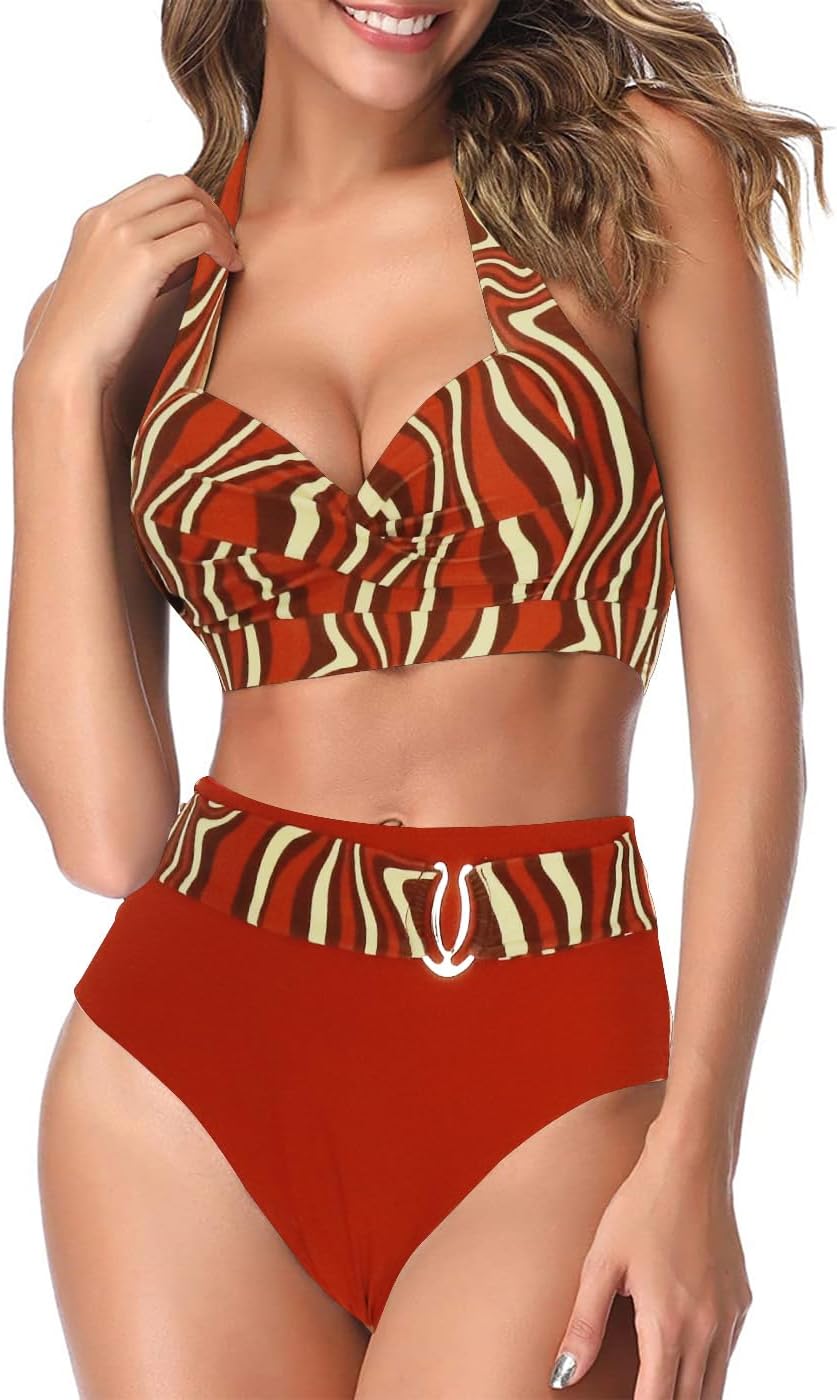 AOQUSSQOA Women Two Piece Tankini Swimsuits High Waist Halter Vintage Bikini Set...