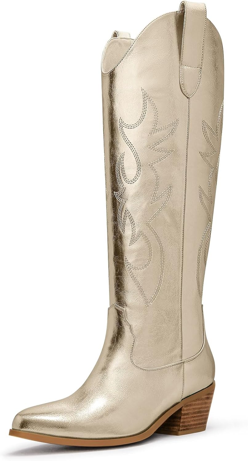 Ouepiano Cowboy Boots for Women Knee High Wide Calf Cowgirl Boots Embroidered Ch...