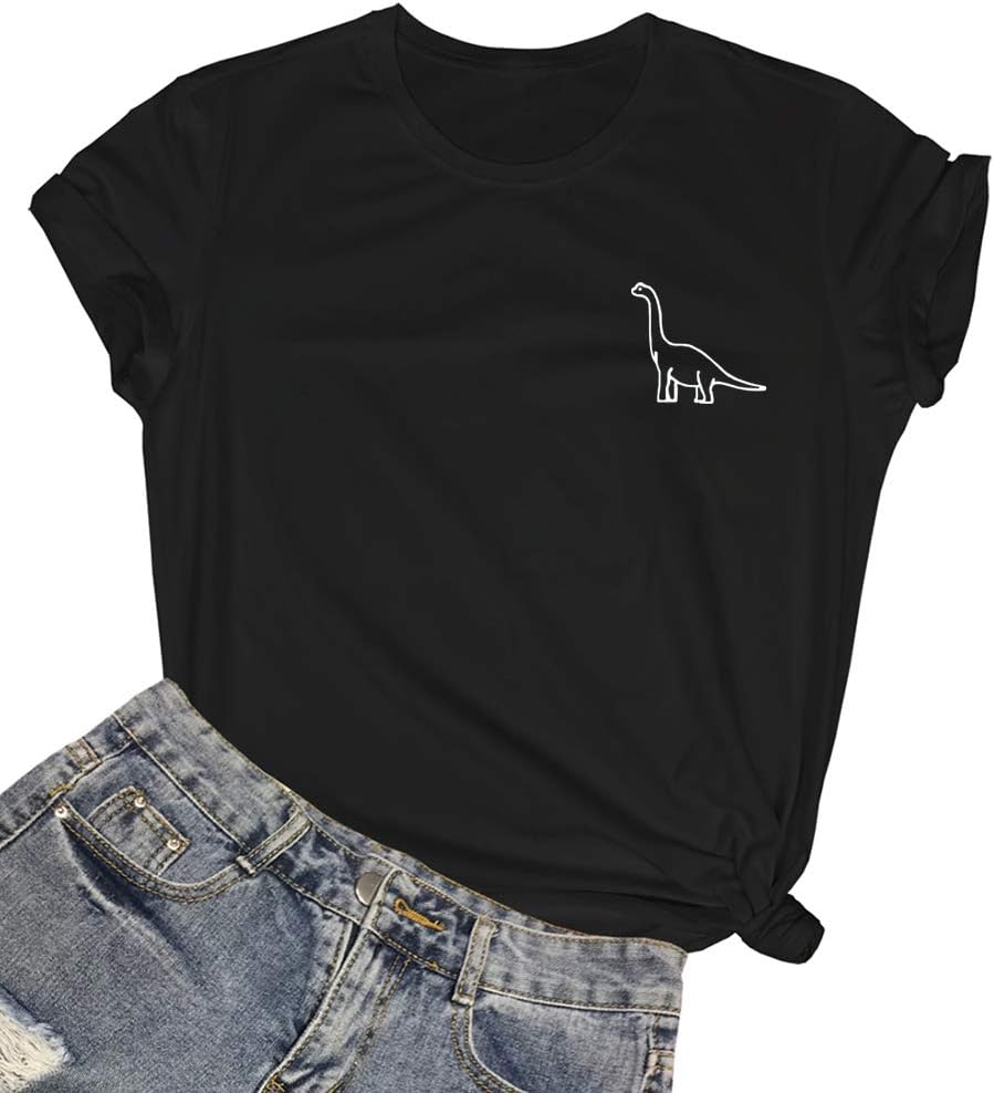 ROSEPARK Women Cute Dinosaur Graphic T-Shirts Teen Girls Funny Tees Large Black