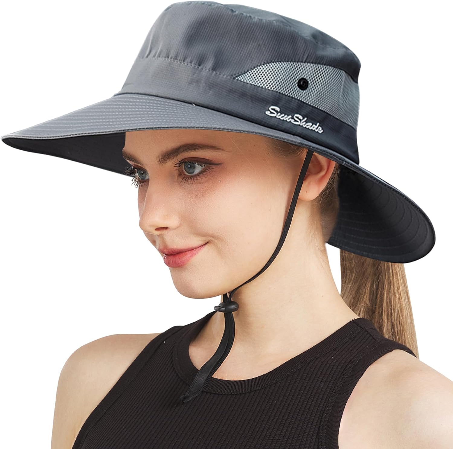NPJY Sun Hat Womens Men 3” Wide Brim UPF 50+ Fishing Beach Bucket Hats Grey(pony...