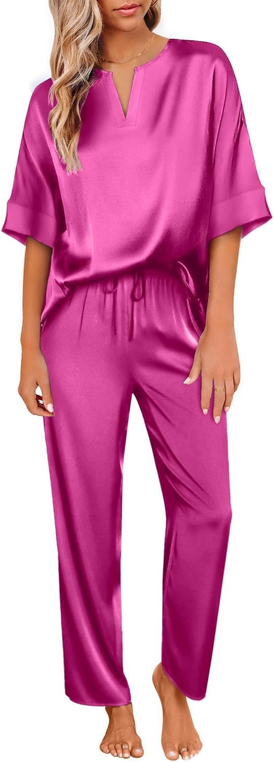 Ekouaer Satin Pajama Set, Special Womens Silk Pajama Set with Short Sleeve V Nec...