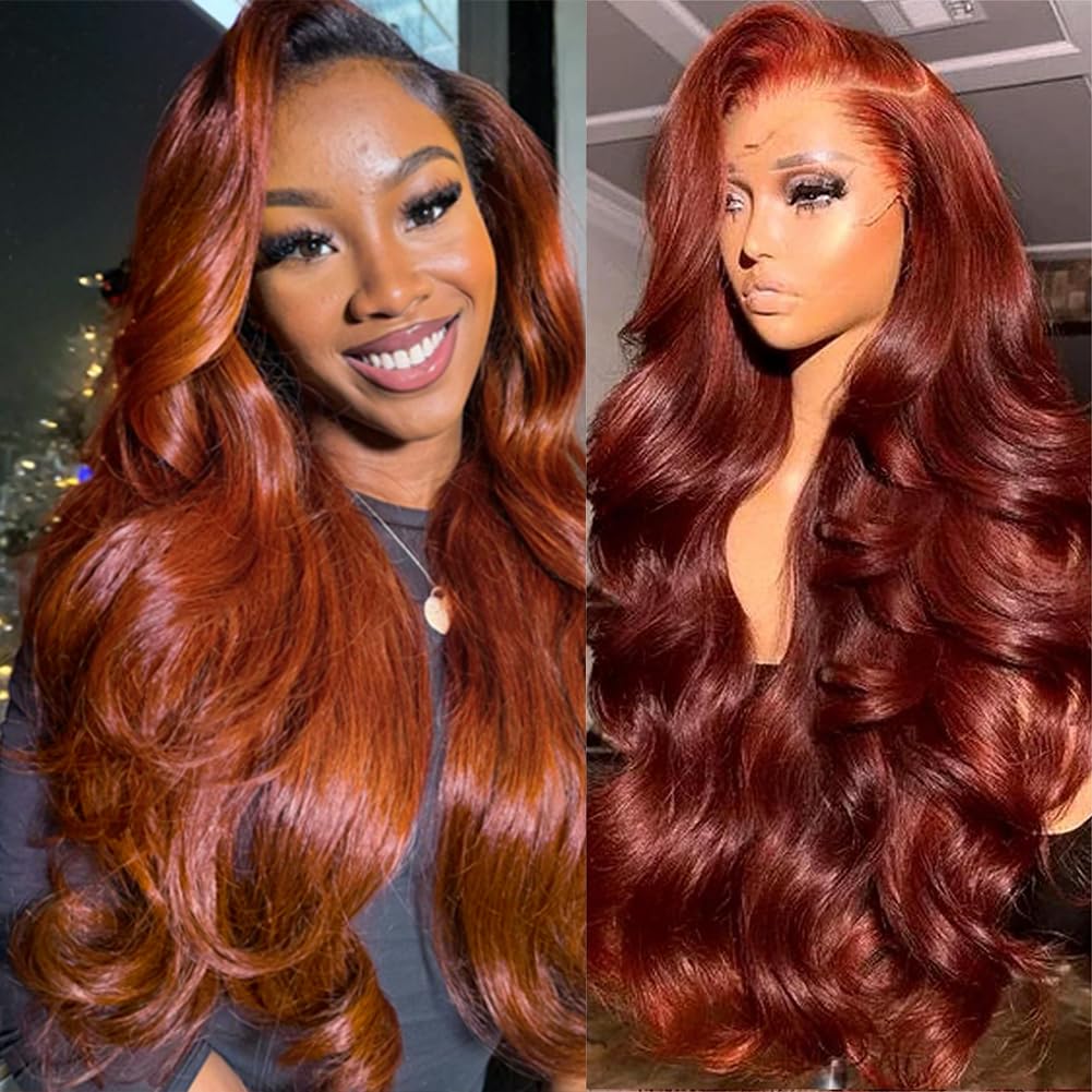 Reddish Brown Lace Front Wigs Human Hair 180% Density 13x4 HD Transparent Body W...
