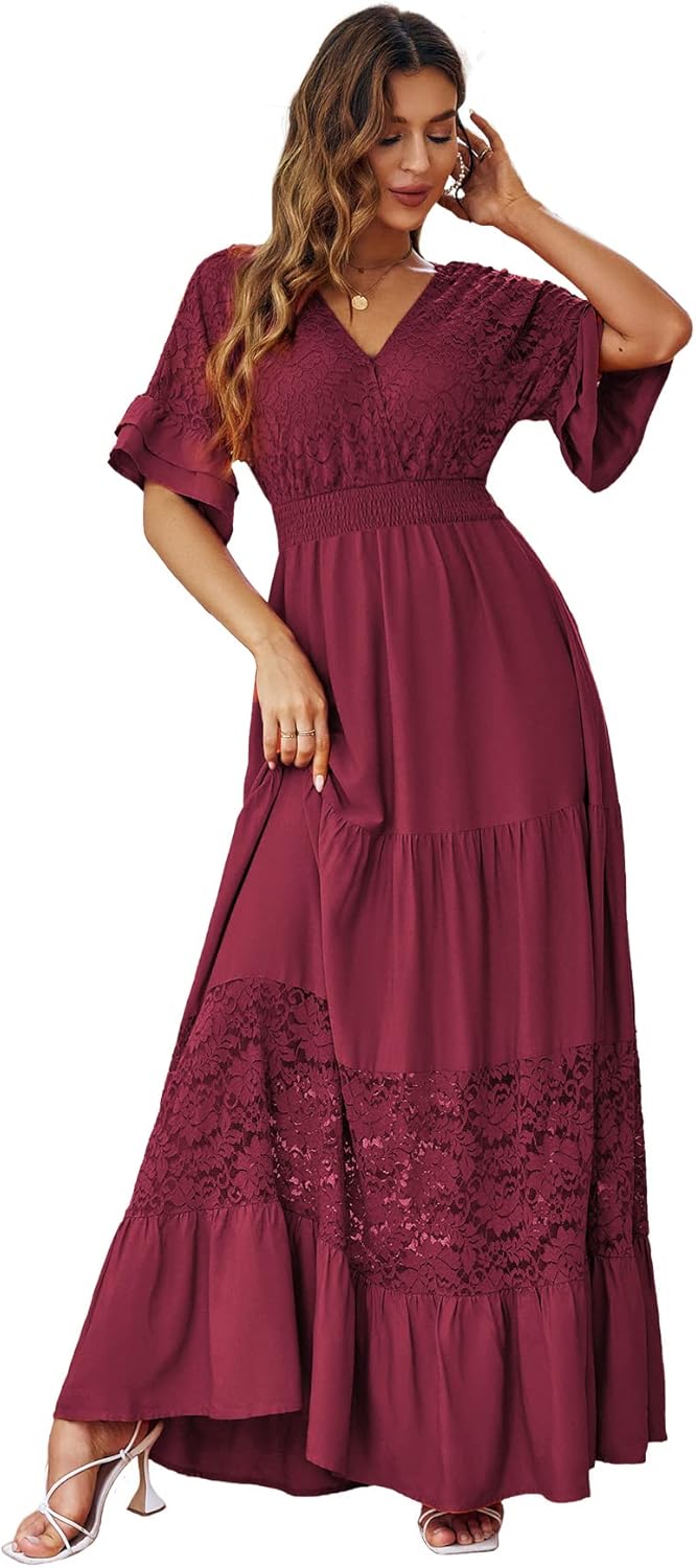 Simplee Women V Neck Formal Lace Maxi Dress Ruffle Flowy Short Sleeve Boho Weddi...
