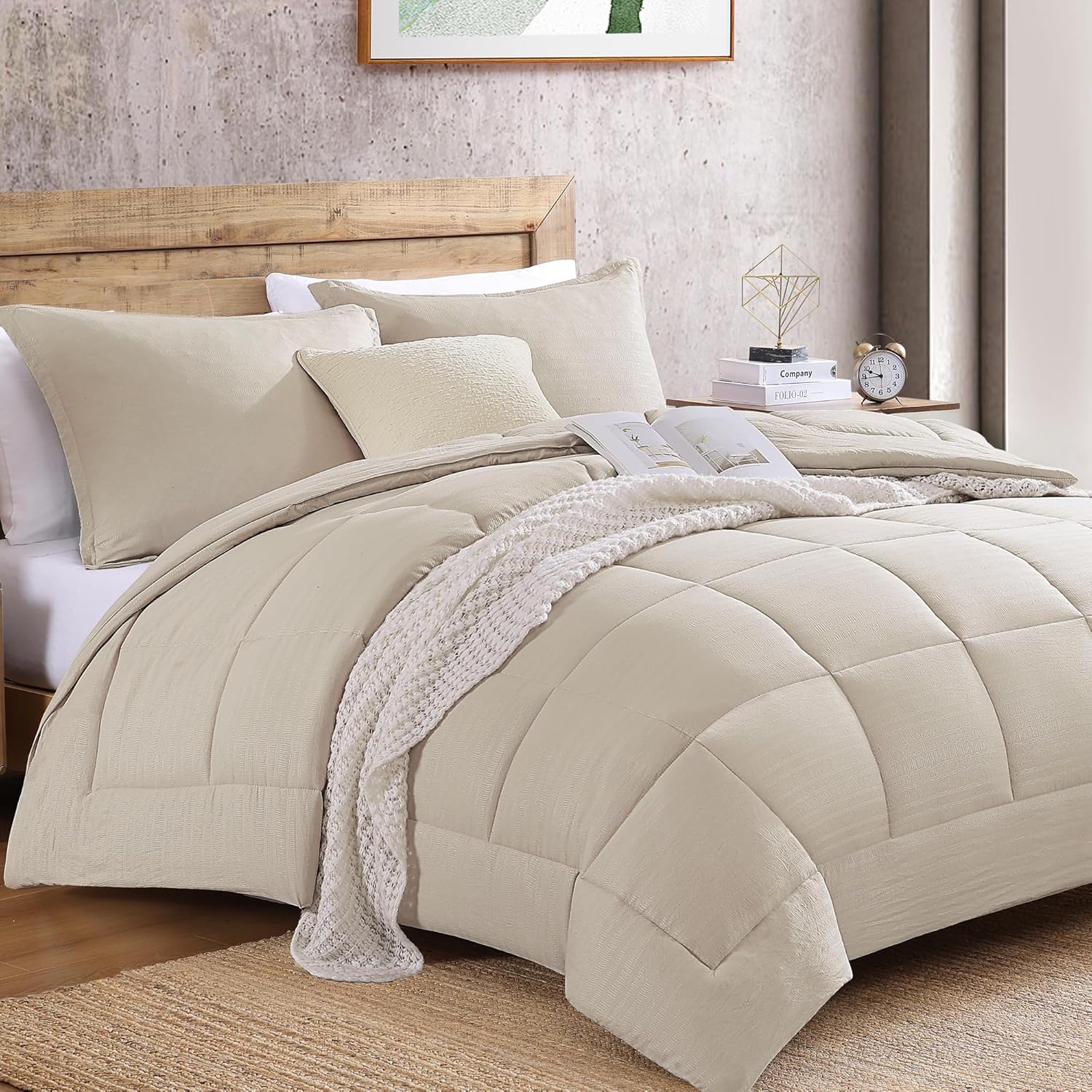 Monbix Bedding Set, 3Piece-Queen(90”X90''), All Seasons Comforters, Beige, Conte...