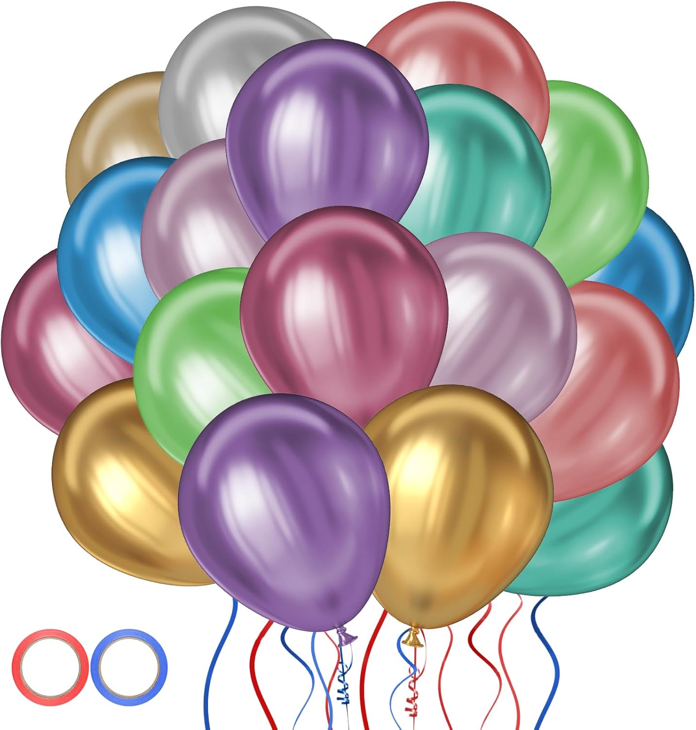 Jsdoin 12 Inch 100 Packs Metallic Rainbow Party Balloons Birthday Balloons, Mult...