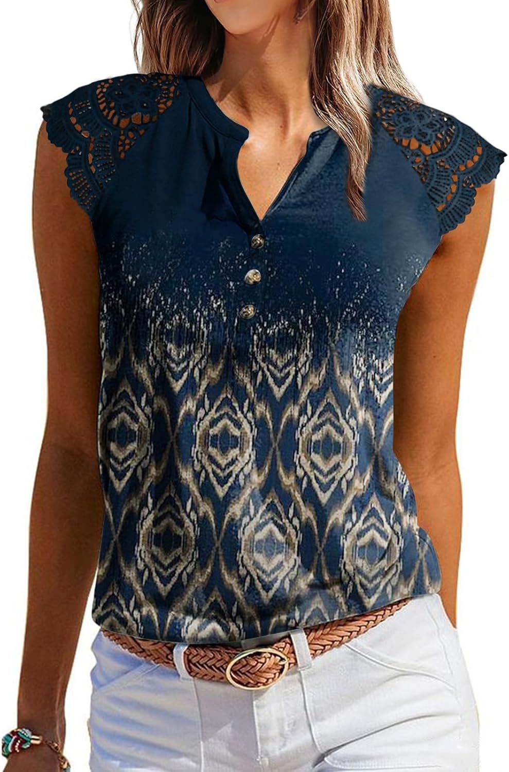 Women's Tank Tops, Stylish Lace Cap Sleeve Button Down V Neck Top, Trendy Summer...